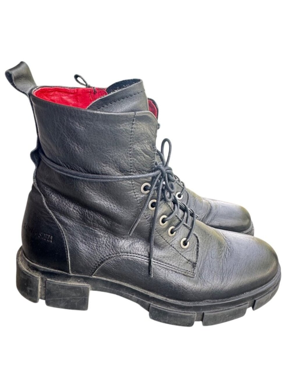 Saint Sofia Black Leather Lace-Up Combat Boots EU 40 US 9 Red Lining